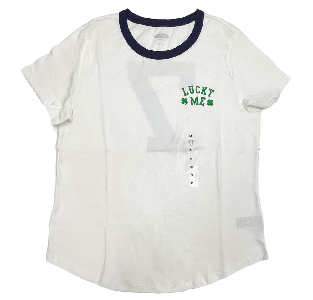Old Navy Lucky Me Ringer Tee Sz M New White Cotton Short Sleeve Graphic T-Shirt
